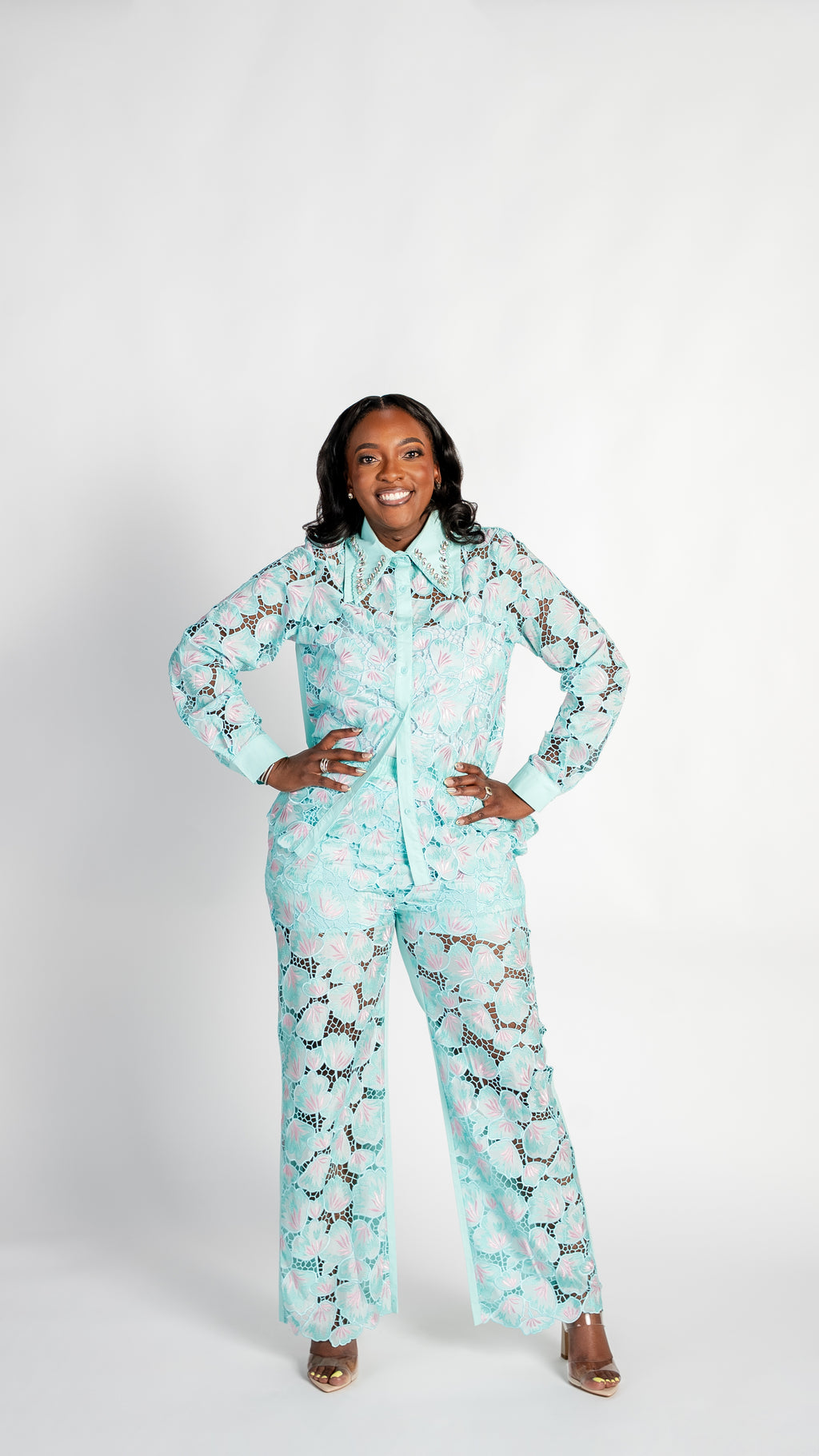 Seafoam Bloom Lace Pants Set
