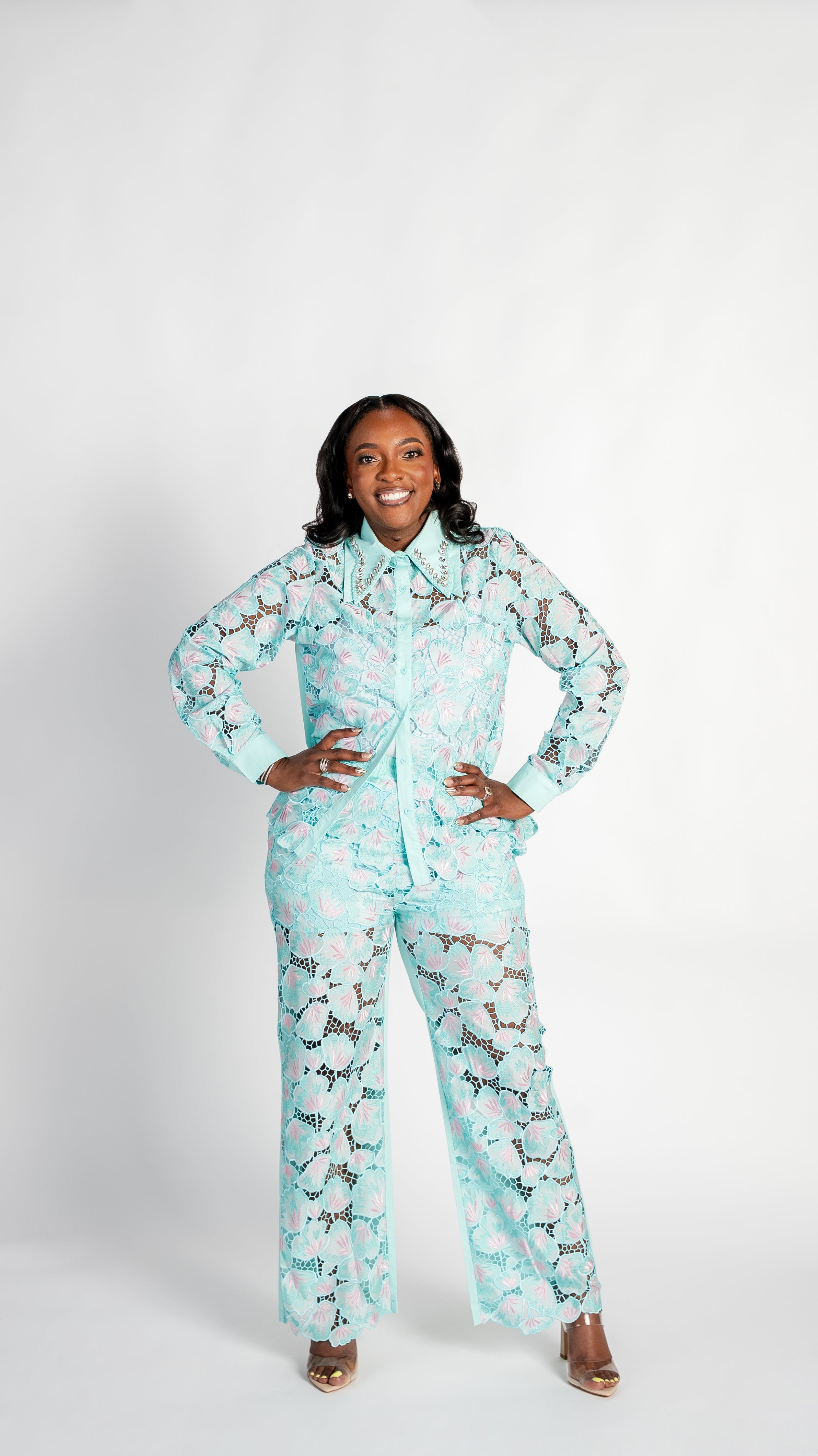 Seafoam Bloom Lace Pants Set