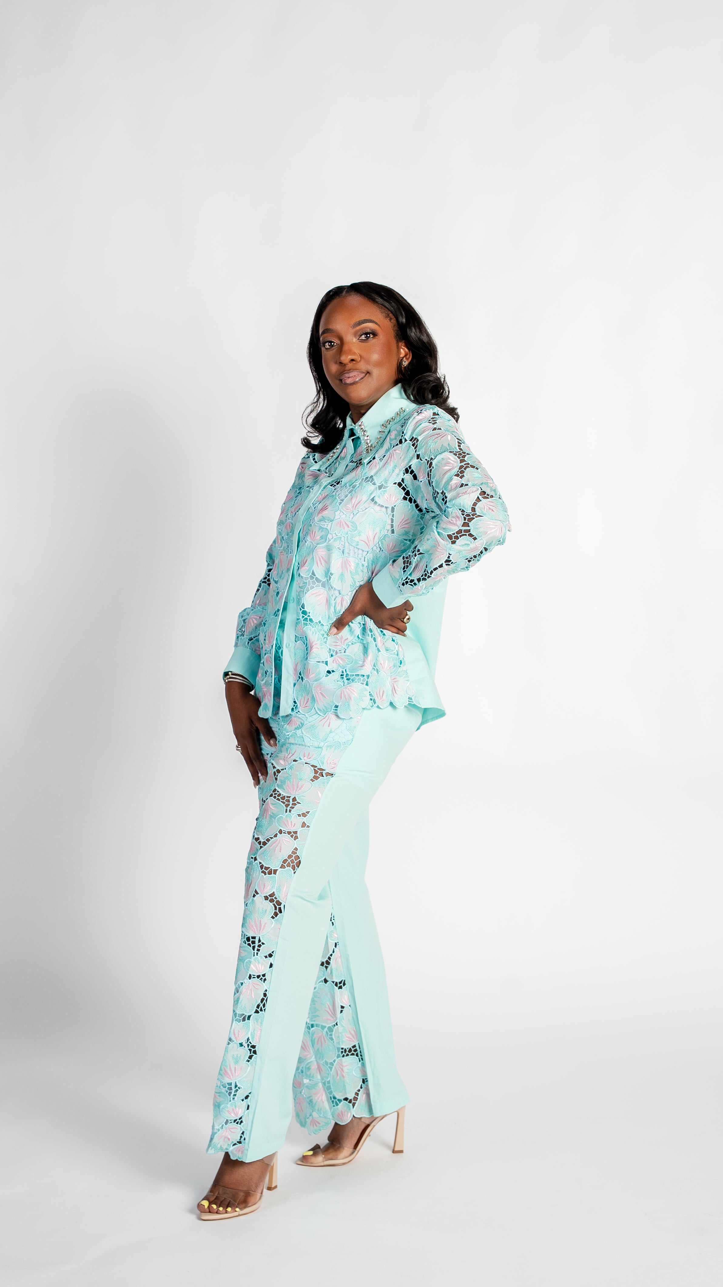 Seafoam Bloom Lace Pants Set